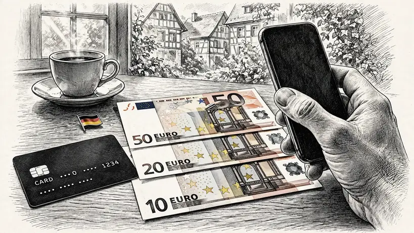 Hand mit Smartphone, Kreditkarte und Euro-Scheinen auf einem Schreibtisch, im Hintergrund eine kleine Deutschland-Flagge.