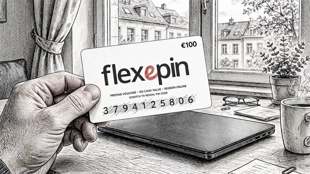 Hand hält Flexepin-Gutschein neben Laptop auf Schreibtisch