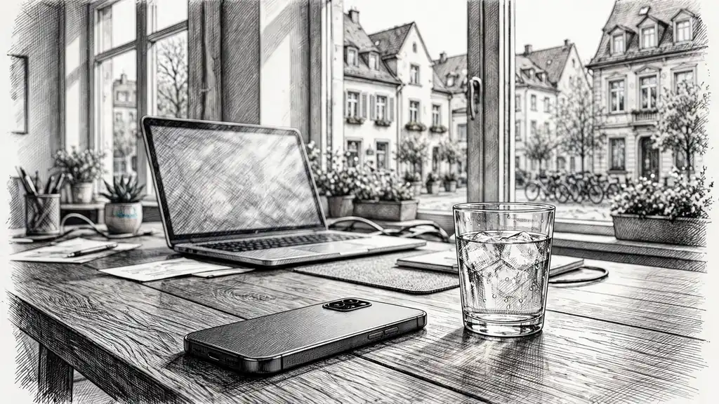 Modernes Smartphone auf einem Schreibtisch mit Blick auf eine deutsche Stadt.