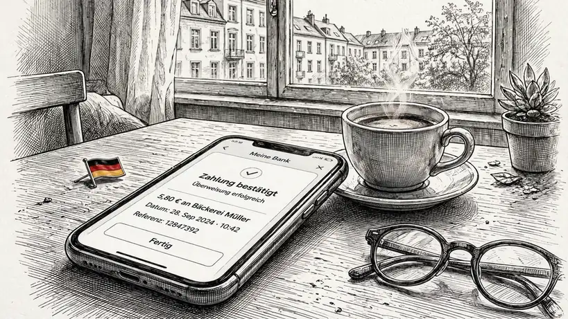 Smartphone mit Banking-App auf Schreibtisch in deutscher Wohnung
