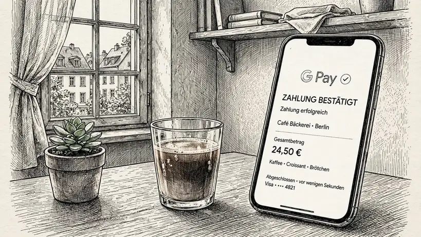 Smartphone mit Google Pay auf einem Tisch in einer deutschen Wohnung