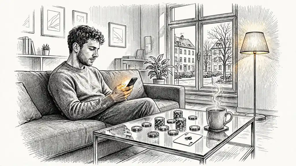 Person auf der Couch, Casino-Chips und Smartphone bei einer Jeton-Einzahlung im deutschen Wohnzimmer.