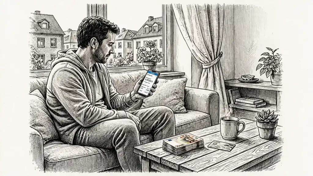 Person zuhause auf dem Sofa, betrachtet Smartphone-Banking-App mit Euro-Geldscheinen und Karte auf dem Tisch.