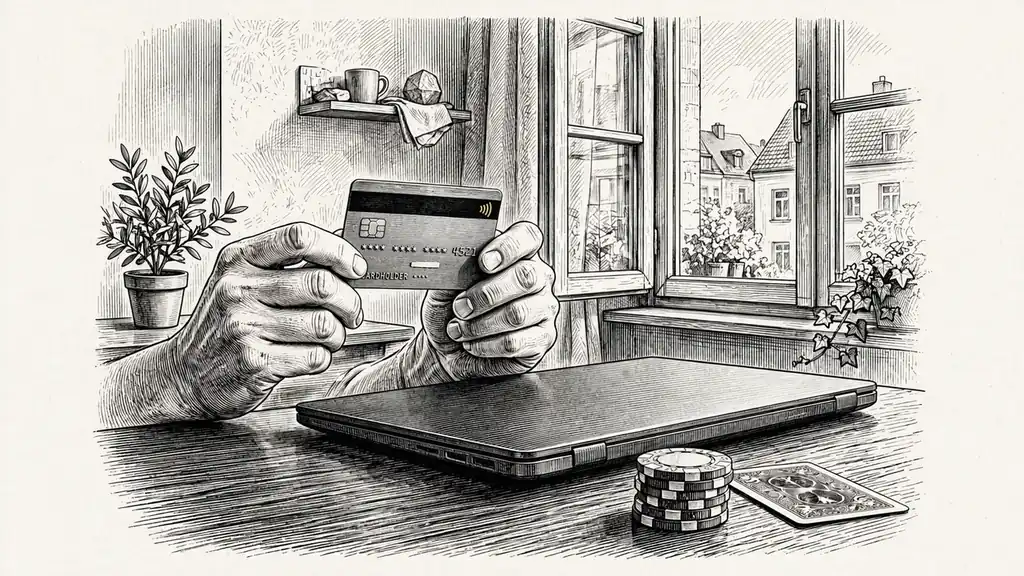 Hände halten eine Kreditkarte über einem Schreibtisch mit Laptop und Casino-Chips
