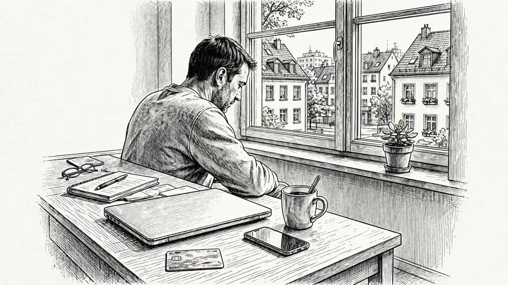 Person am Schreibtisch mit Laptop und EC-Karte bei Tageslicht