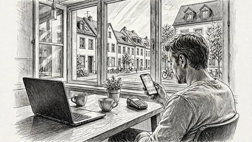 Person mit Smartphone und Laptop auf einem Tisch in einer deutschen Wohnung