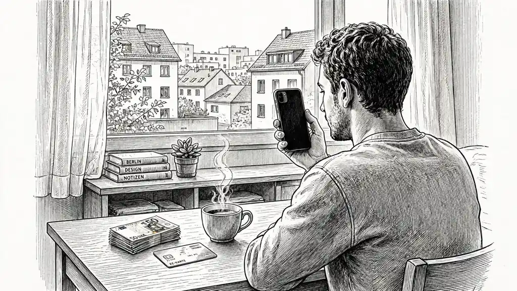 Junge Person prüft Smartphone neben Euroscheinen auf Schreibtisch in moderner deutscher Wohnung