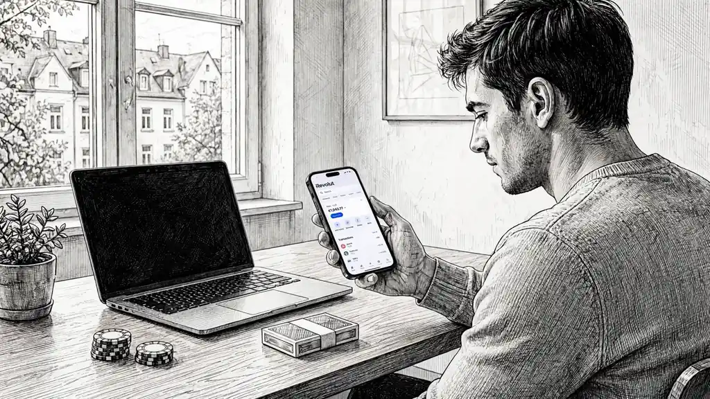 Person mit Smartphone und Revolut-App am Schreibtisch, Casino-Chips daneben