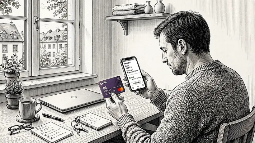 Person am Schreibtisch mit Smartphone und Skrill-Karte für Online-Casino-Einzahlung