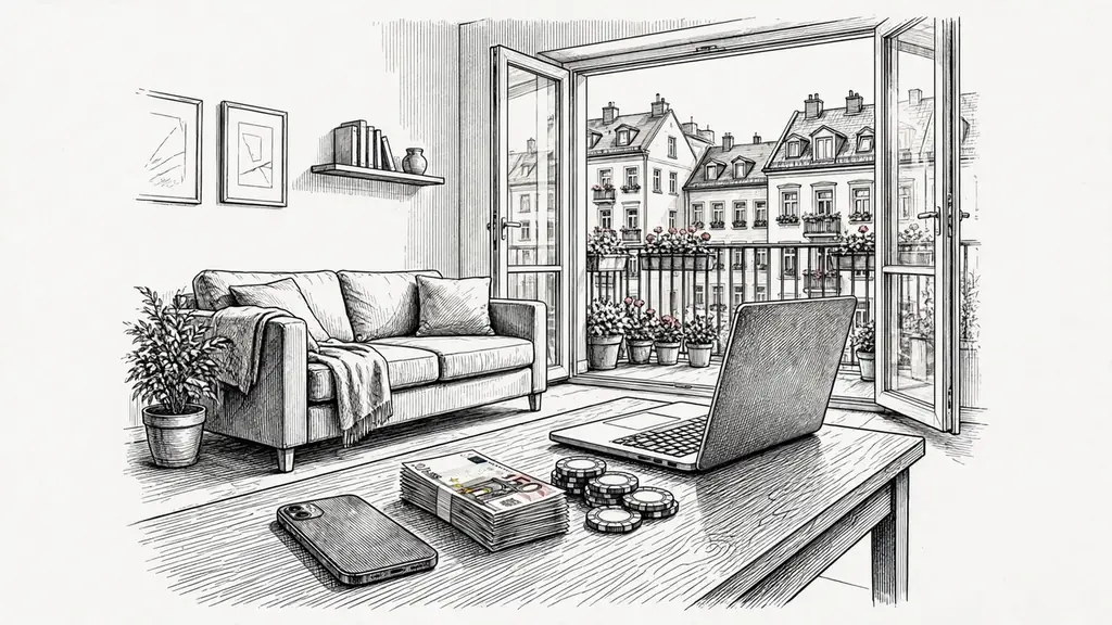 Smartphone, Euro-Banknoten und Casino-Chips auf einem Couchtisch in einem deutschen Wohnzimmer bei Tageslicht.