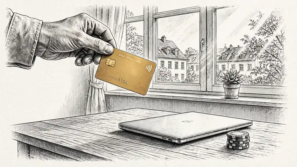 Goldene Kreditkarte über Holztisch mit Laptop und Casino-Chips in moderner Wohnung.