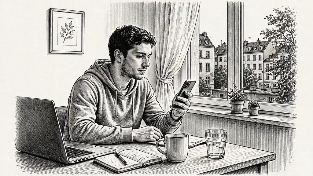 Junger Mann in Berliner Wohnung mit Smartphone und Laptop am Schreibtisch.