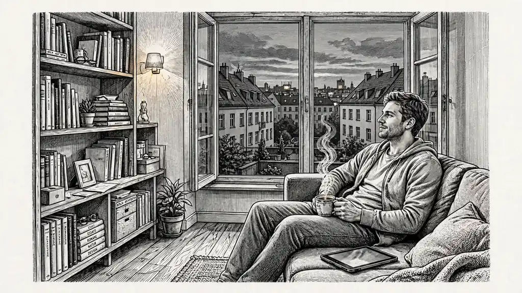 Gemütliches deutsches Wohnzimmer am Abend mit entspannter Person und Tablet.
