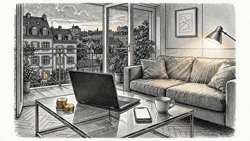 Abendliches Wohnzimmer mit Krypto-Münzen und Laptop auf dem Tisch.