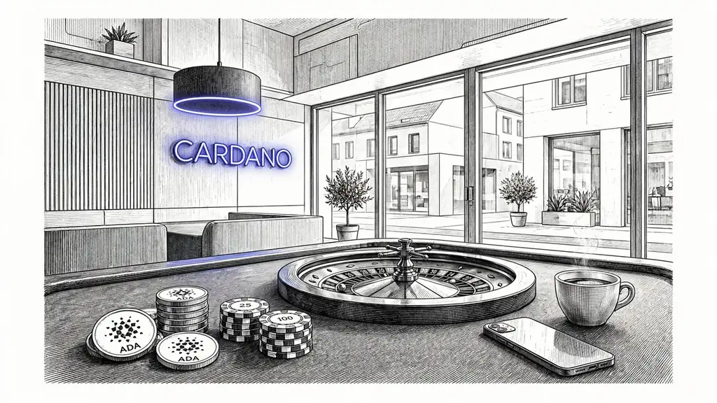 Moderner Casino-Tisch mit ADA-Münzen, Spielchips und Roulette in einem deutschen Online-Casino-Setting.