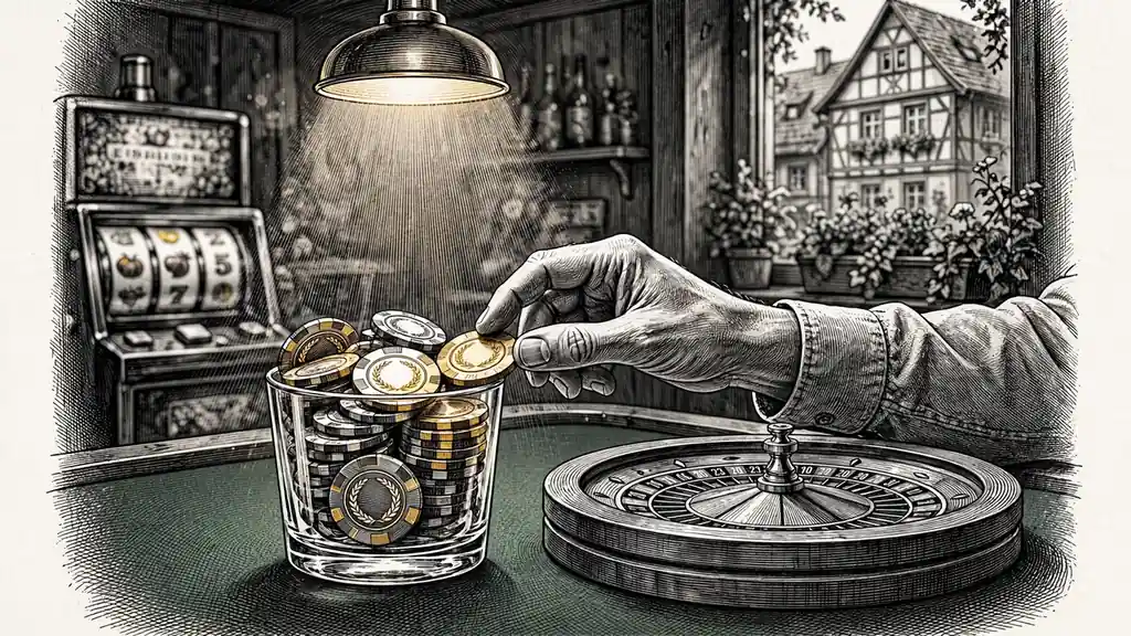 Goldene Casino-Chips und ein Roulettekranz auf einem Spieltisch
