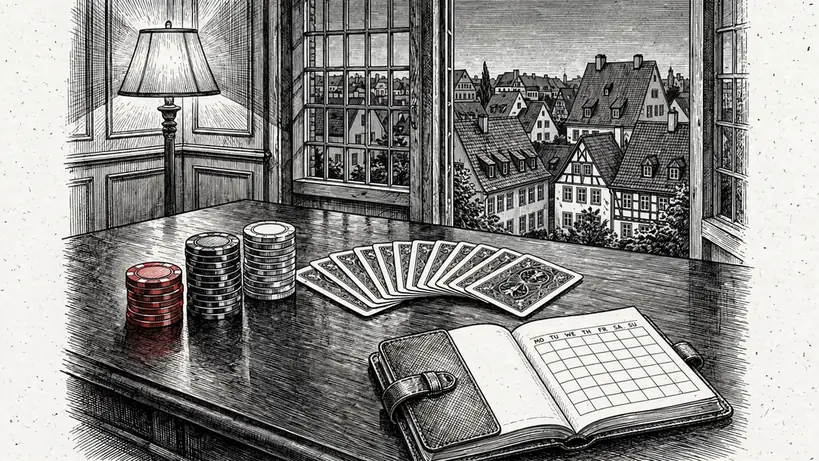 Holztisch mit Casino-Chips, Spielkarten und offenem Kalender in deutschem Interieur