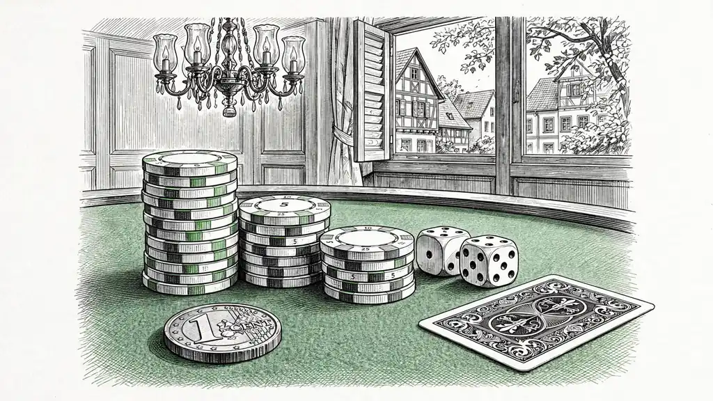 Eine kleine Cent-Münze auf einem Spieltisch neben Casino-Chips.