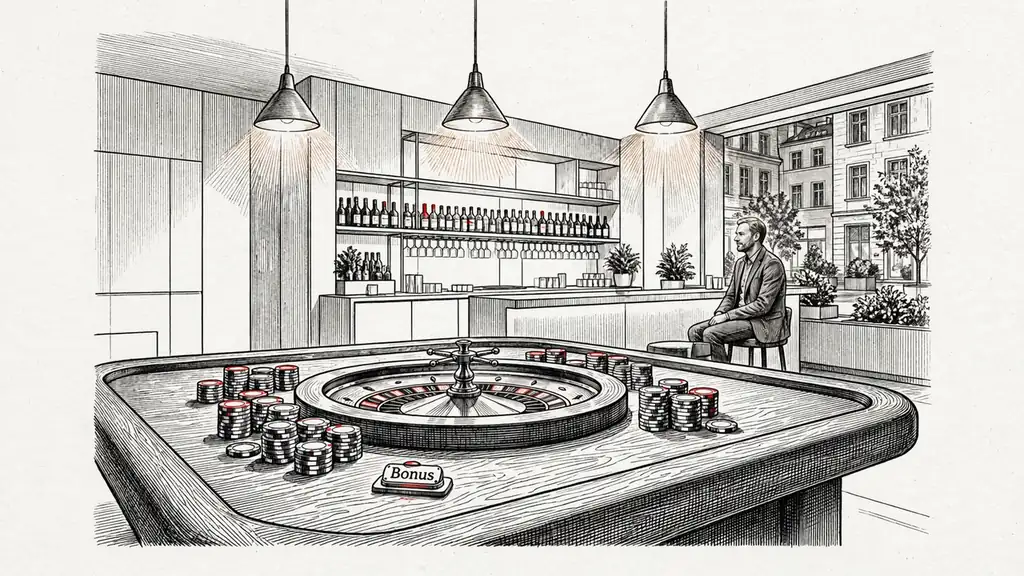 Modernes deutsches Casino-Lounge mit Roulette-Tisch, Spielchips und Bonus-Taste.