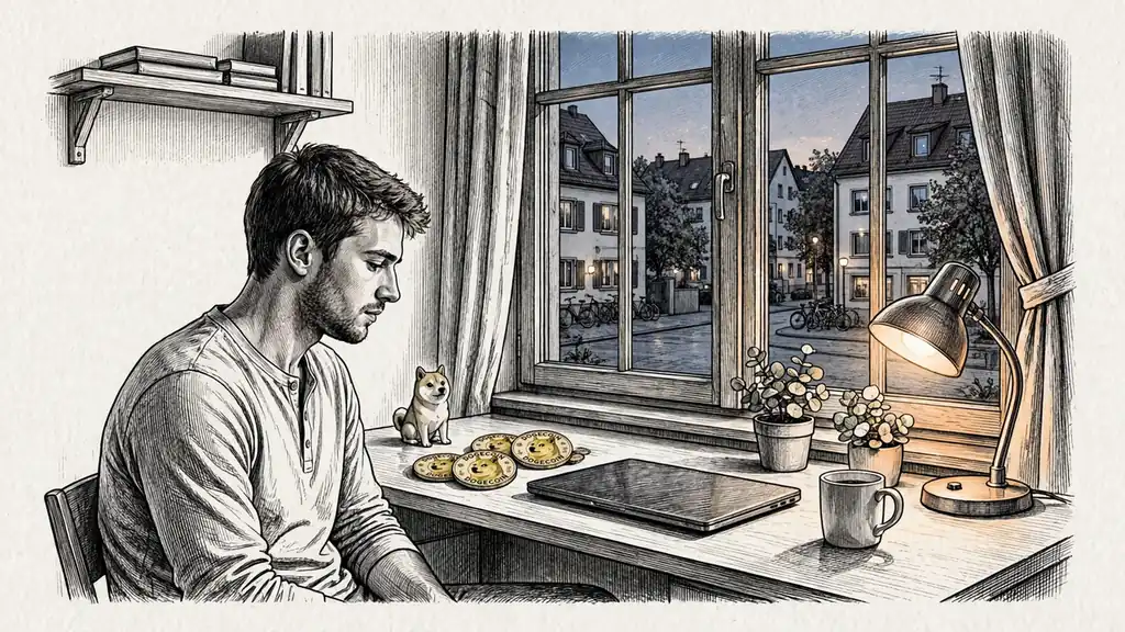 Junger Mann am Schreibtisch mit Laptop und Dogecoin-Münzen in moderner deutscher Wohnung