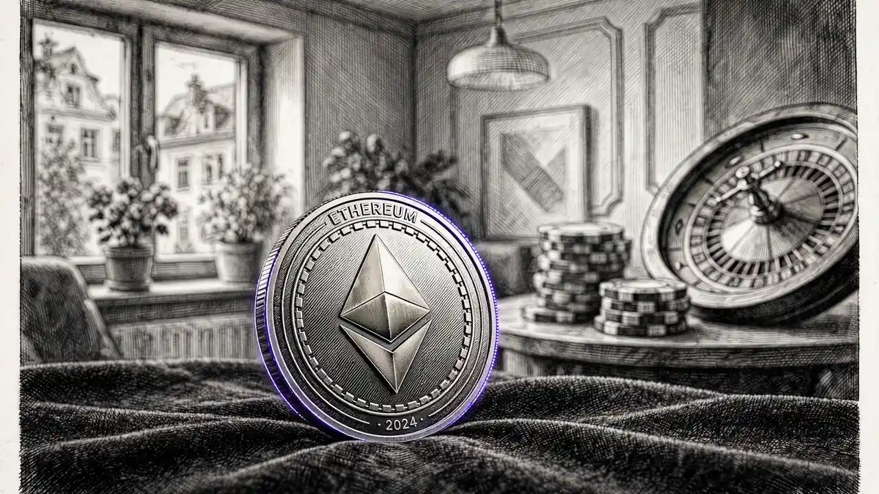 Ethereum-Münze auf Casino-Chips mit Roulette im Hintergrund
