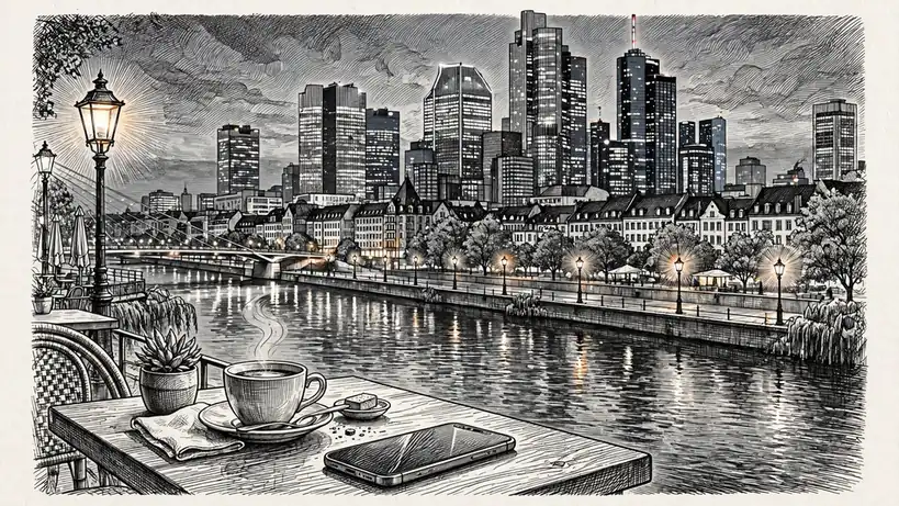 Frankfurter Skyline bei Abenddämmerung mit Smartphone auf einem Cafétisch