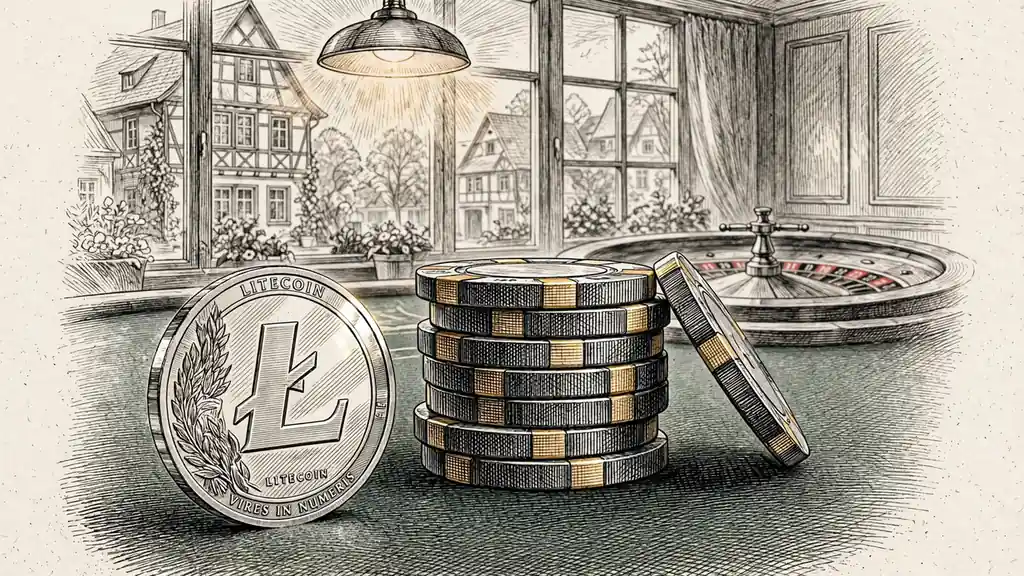 Silberne Litecoin-Münze auf grünem Spieltisch mit Casino-Chips und Roulette im Hintergrund.