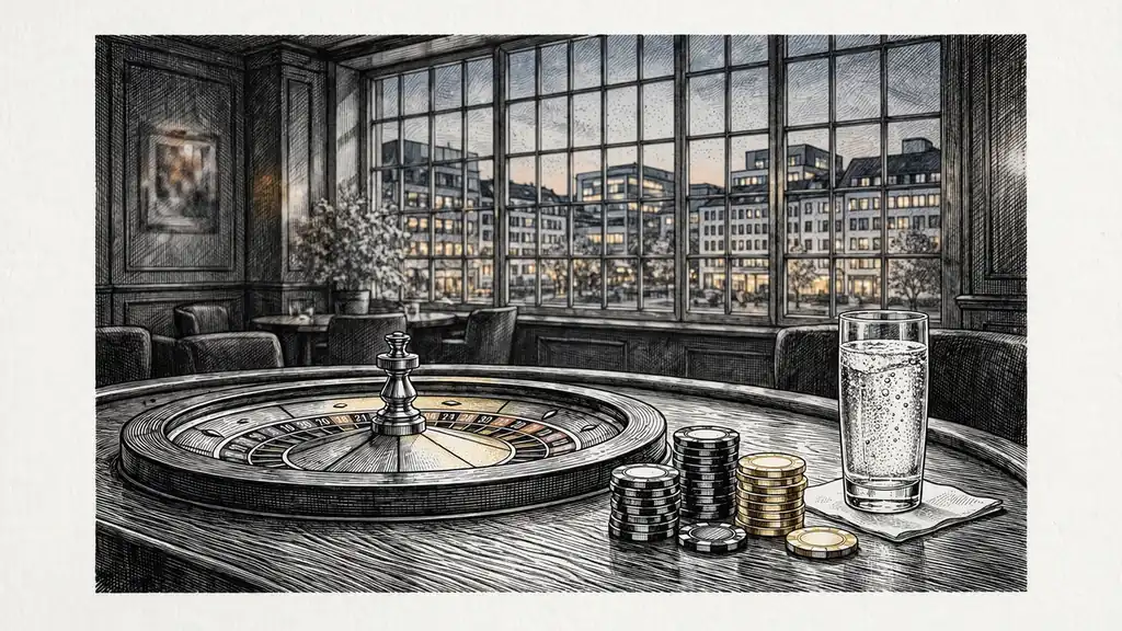 Elegante Spieltischszene mit Roulette und Chips vor deutscher Stadtkulisse bei Dämmerung