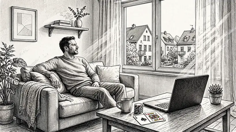 Gemütliches deutsches Wohnzimmer mit Person auf Sofa, Laptop und Casino-Chips auf dem Tisch