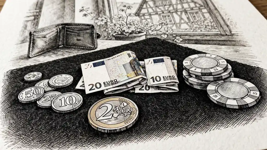Kleine Geldsumme mit Spielchips und Geldbörse auf Filzunterlage