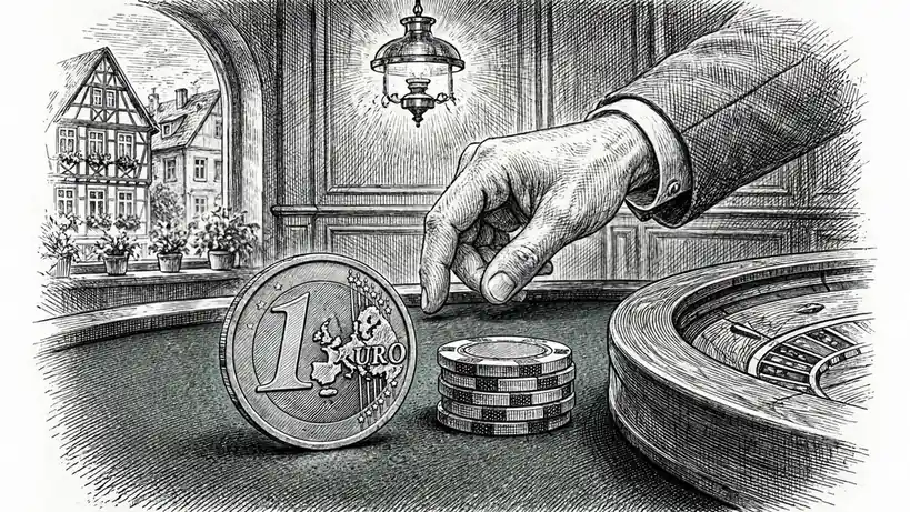 Eine Euromünze auf grünem Filz neben Spielchips und Roulette