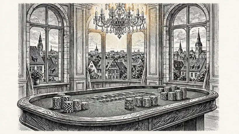 Roulette-Tisch mit Casino-Chips in elegantem Spielsaal und deutschem Stadtblick