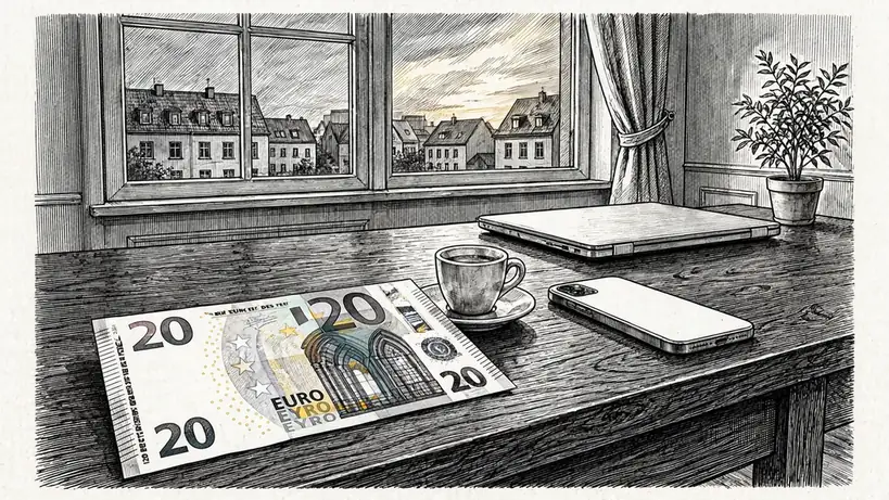 20-Euro-Schein auf Holztisch neben Smartphone und Espressotasse in modernem Wohnzimmer.