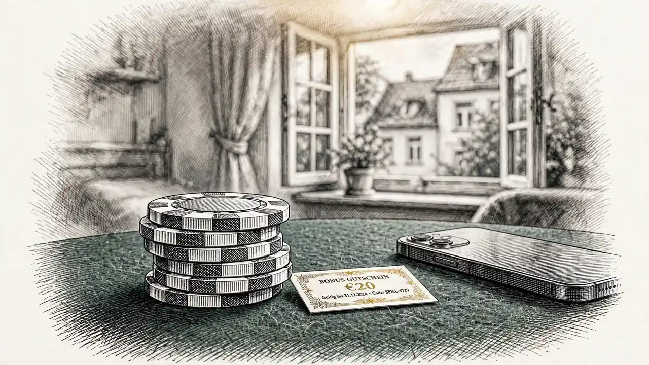 Stapel Casino-Chips neben Bonusgutschein und Smartphone auf Filzunterlage
