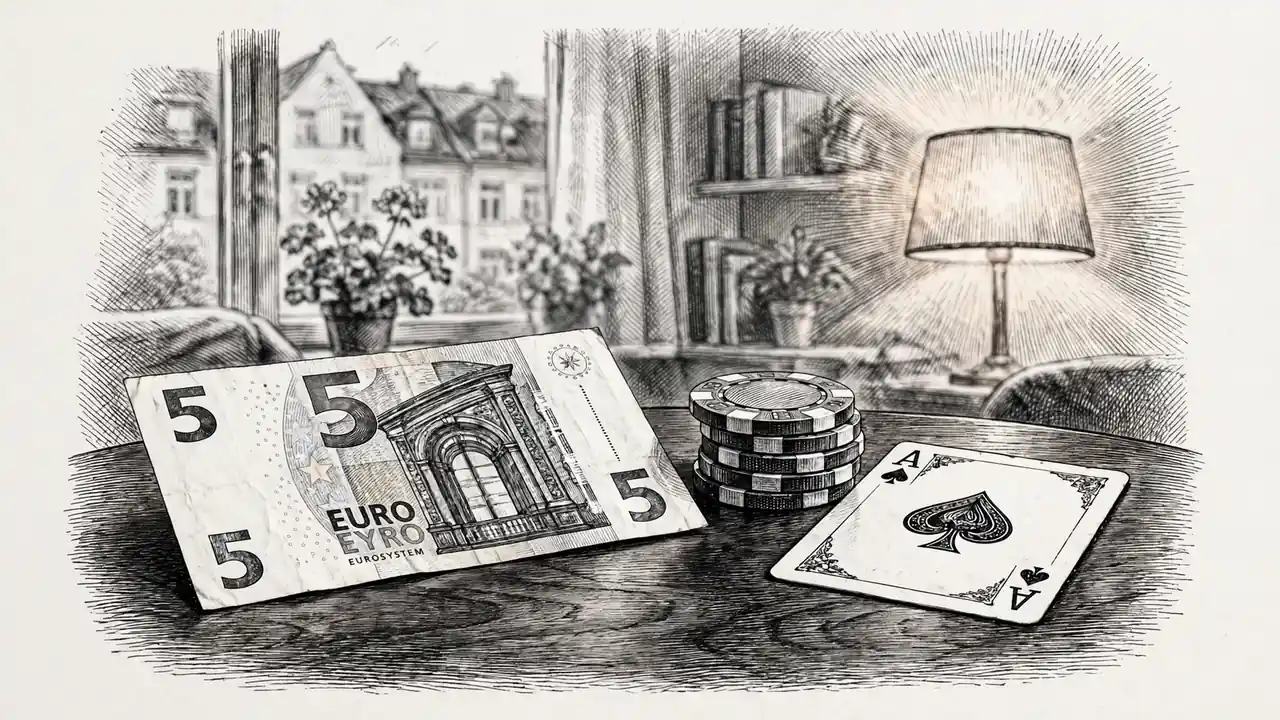 Fünf-Euro-Schein mit Casino-Chips auf Holztisch im Wohnzimmer.