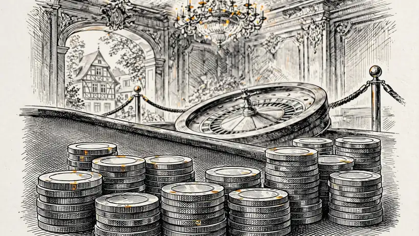 Stapel Casino-Chips auf einem Spieltisch in einem eleganten deutschen Casino