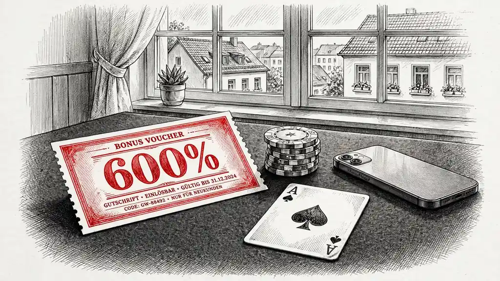 Bonus-Gutschein mit 600 Prozent auf Spieltisch mit Chips und verdecktem Smartphone.