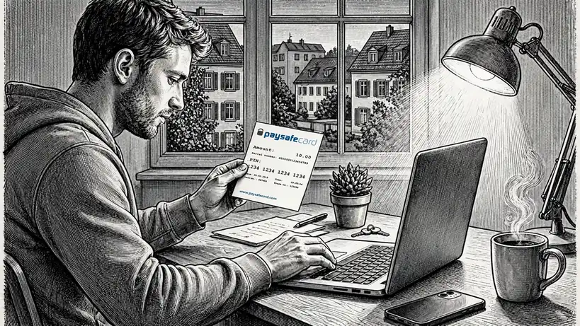 Person am Schreibtisch mit Paysafecard-Gutschein und Laptop