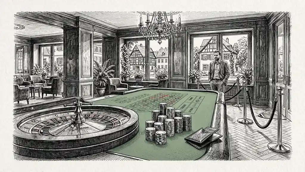 Elegante Casino-Lounge mit Roulette-Tisch, Chipstapeln und warmer Kronleuchter-Beleuchtung
