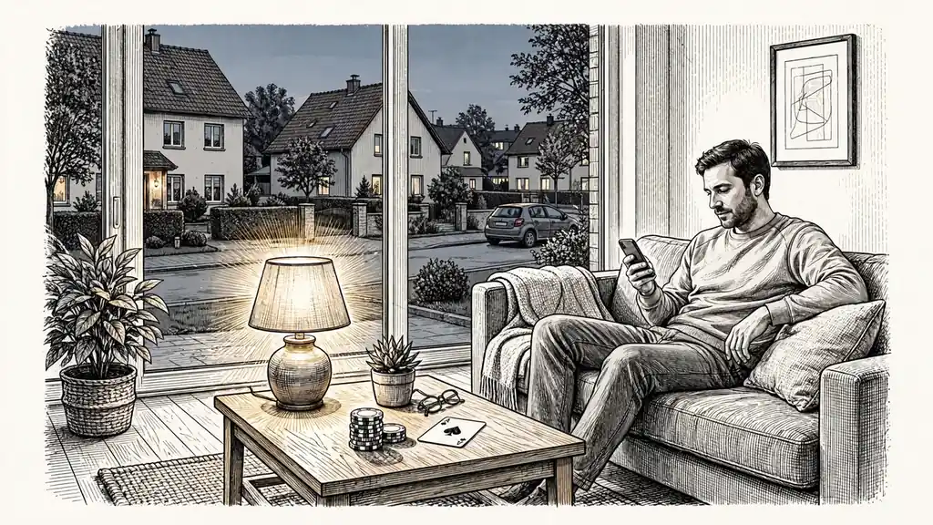 Person auf Sofa mit Smartphone, Spielchips und Karte auf dem Couchtisch, warmes Abendlicht.