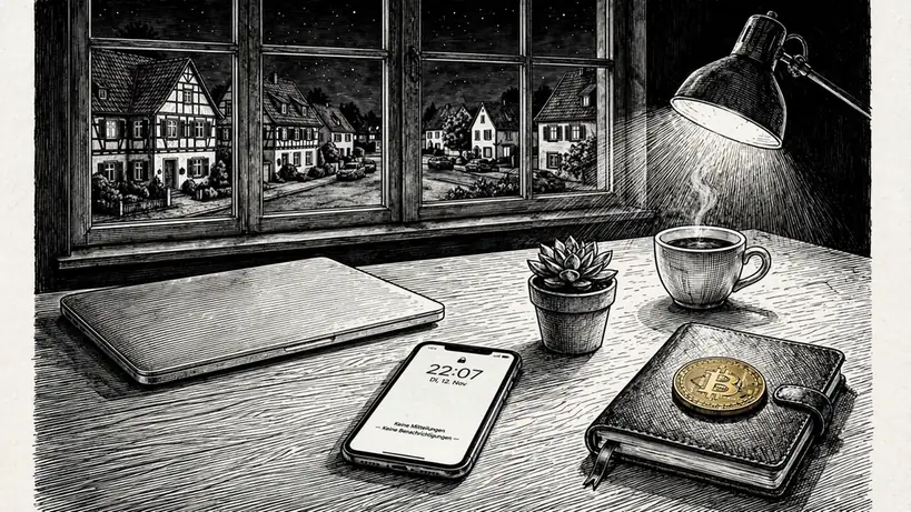 Moderner Schreibtisch mit Laptop, Smartphone und Bitcoin-Münze in warmem Licht.
