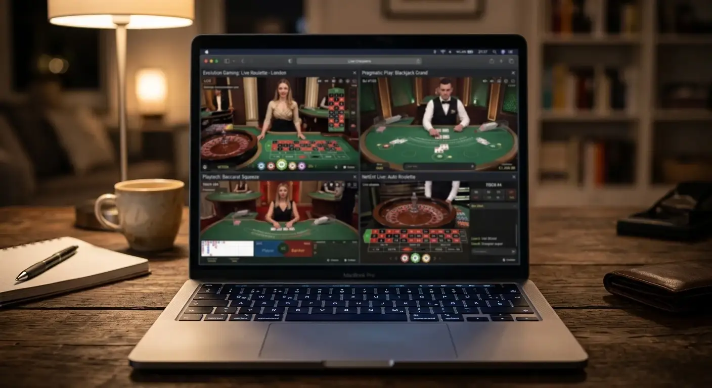 Laptop mit geöffneten Live-Croupier-Tischen mehrerer internationaler Casinos