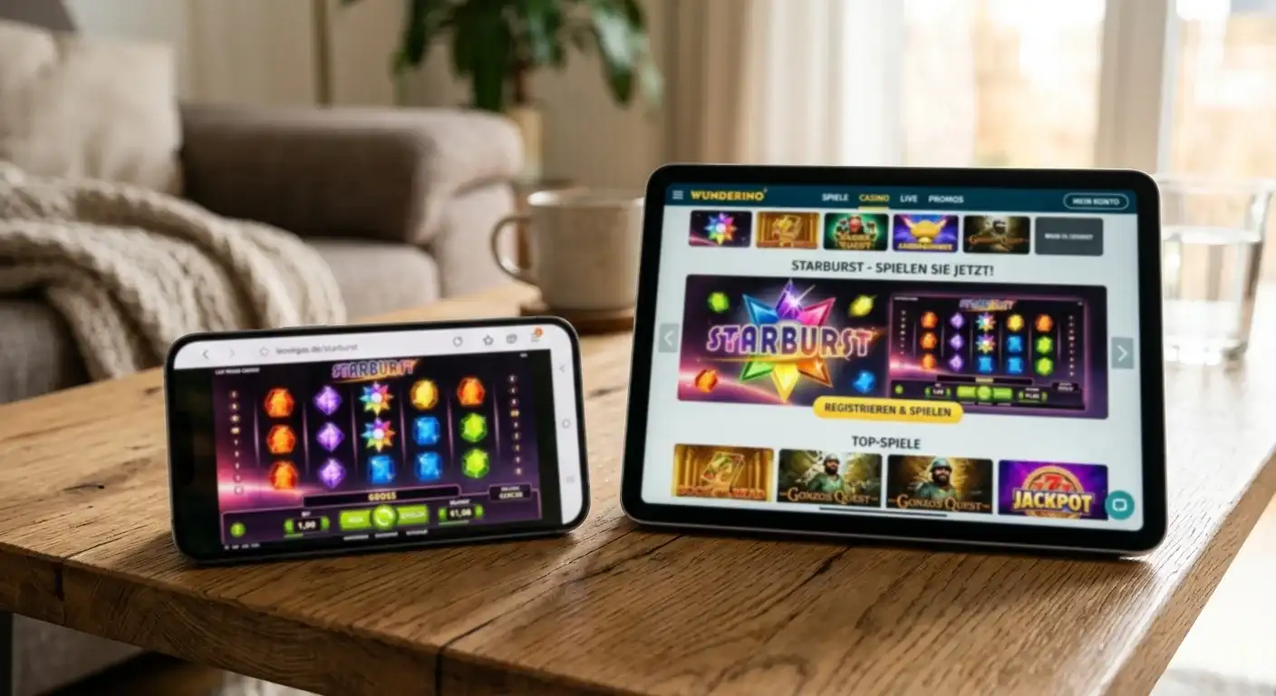 Smartphone und Tablet mit geöffneten Casino-Websites und Starburst-Spieleseiten