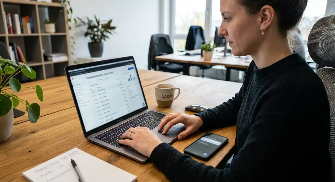 Person am Schreibtisch prüft Transaktionsübersicht auf Laptop neben Smartphone