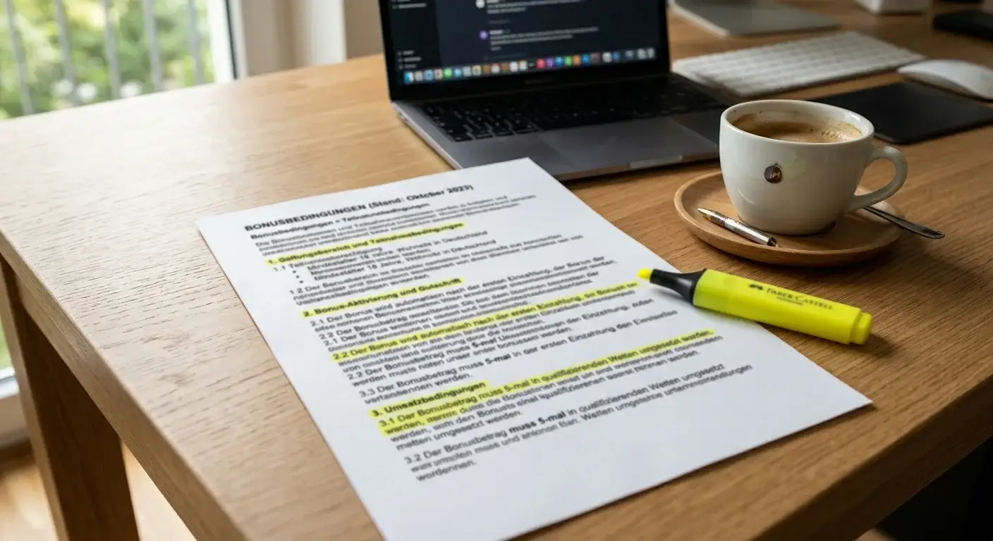 Gedruckte Bonusbedingungen mit markierten Abschnitten auf hellem Schreibtisch neben Kaffeetasse