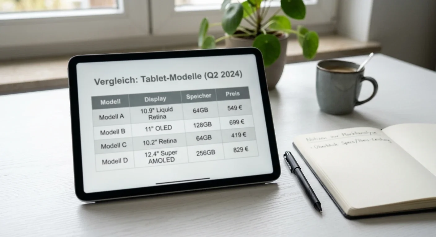 Tablet mit neutraler Vergleichstabelle auf weißem Schreibtisch neben Notizbuch und Stift
