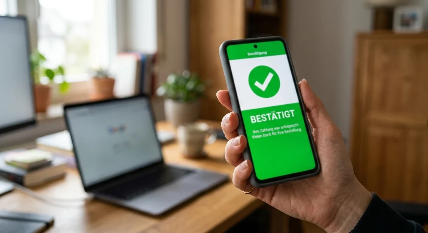Hand hält Smartphone mit grüner Bestätigungsanzeige vor verschwommenem Homeoffice-Hintergrund