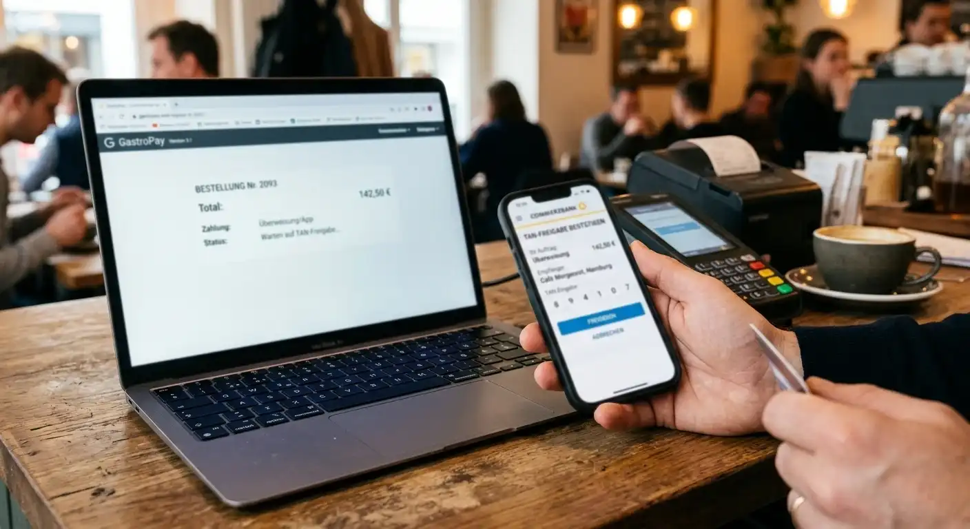 Smartphone mit Online-Banking-TAN-Freigabe neben Laptop-Kassenbereich