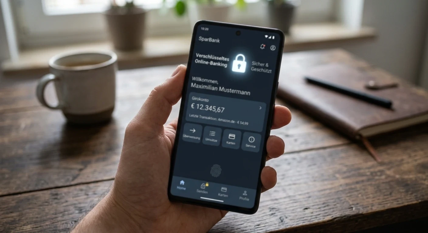 Verschlüsseltes Online-Banking mit Schloss-Symbol auf ruhigem Bildschirm