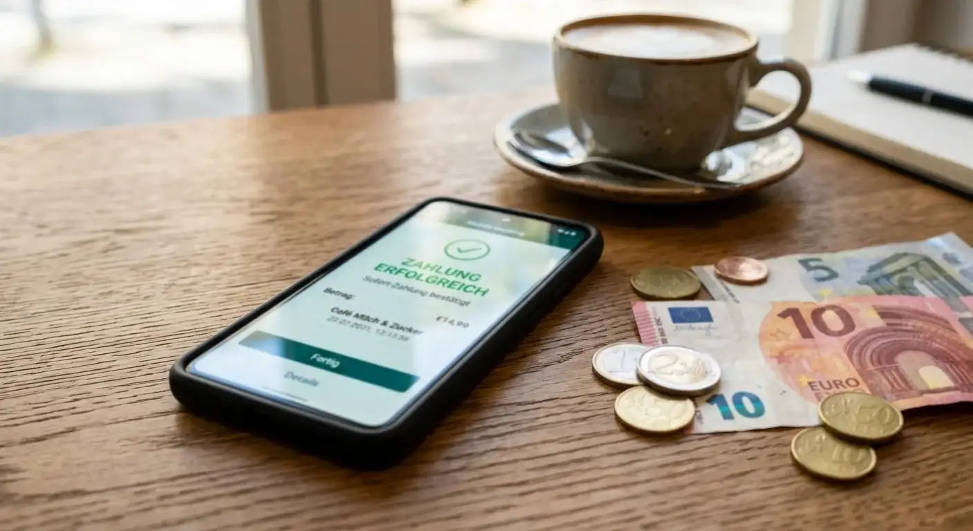 Symbolische Euro-Beträge neben Smartphone mit Sofort-Zahlung
